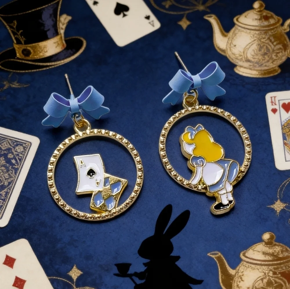 Alice in Wonderland Drop Earrings Whimsical Blue Bow Dangles